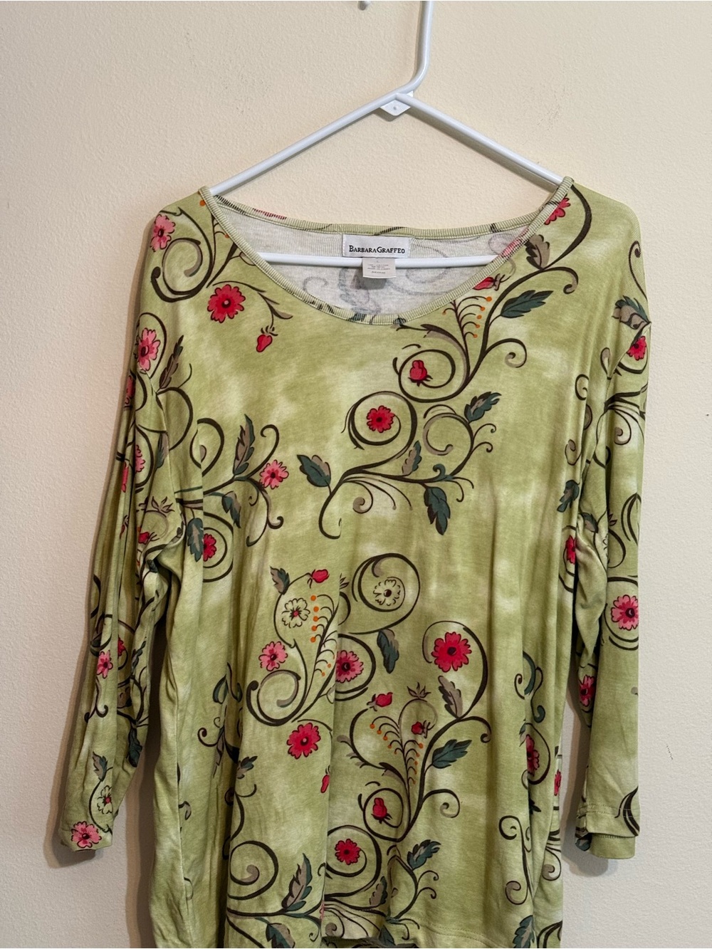 Barbara Graffeo Olive Green Floral Long Sleeve Top L - Picture 2 of 6